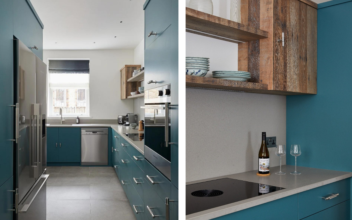 New kitchen in Swan Cottage in a beautiful blue with a concrete-style quartz worktop