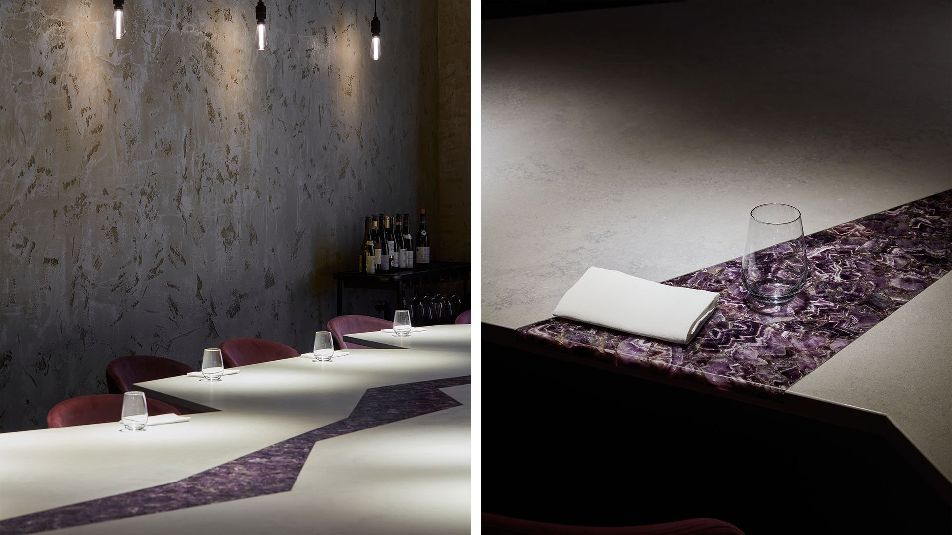 Close up of Caesarstone Airy Concrete feature table in Amethyst Restaurant