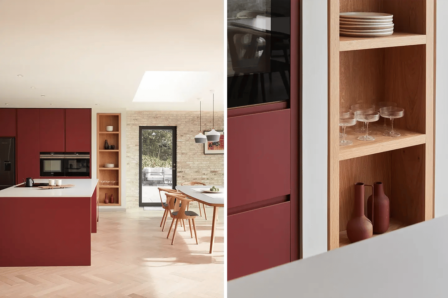 Modern red kitchen using white Caesarstone Fresh Concrete worktops