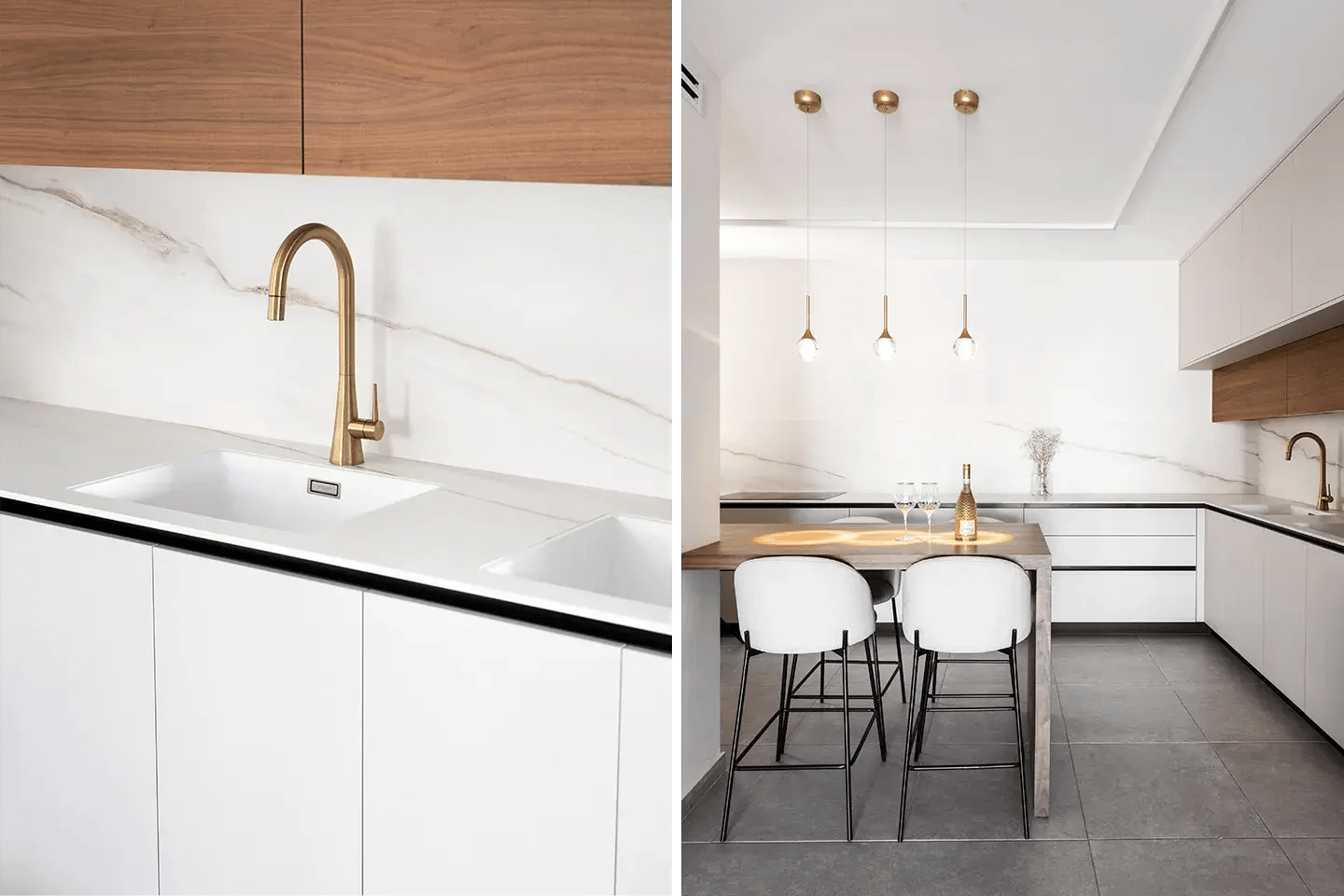 Close-up of Caesarstone Sleet porcelain worktops and splashback