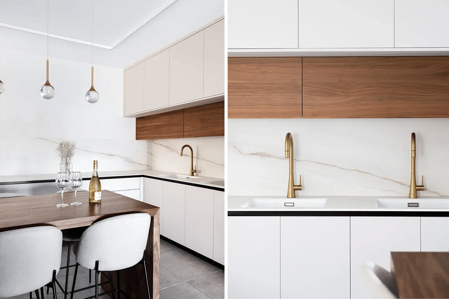 Modern kitchen using Caesarstone Sleet white porcelain backsplash and worktops