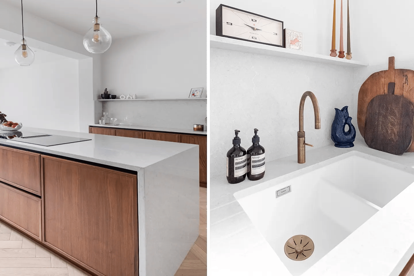 Close-up of Caesarstone Bianco Drift kitchen worktop and island