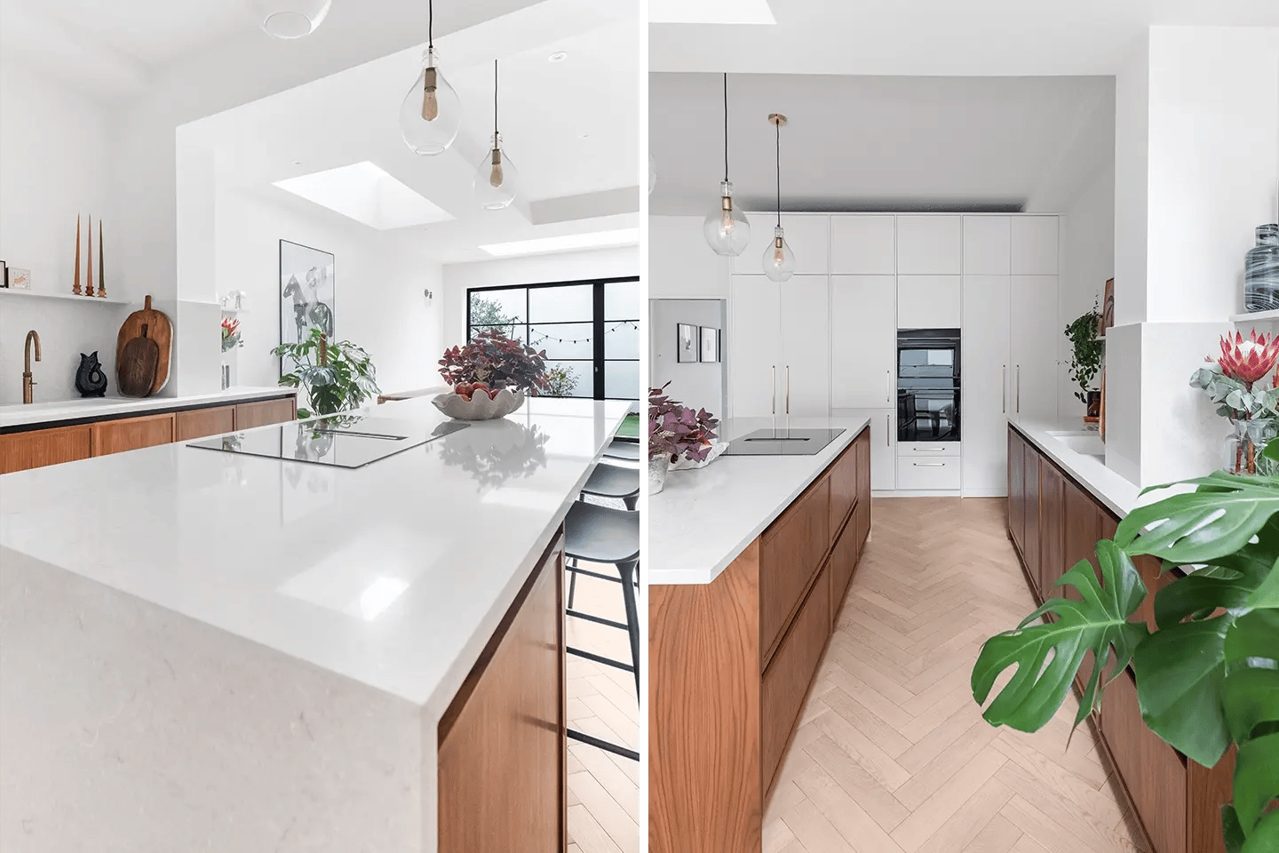 Contemporary kitchen with Caesarstone Bianco Drift grey worktop surfaces