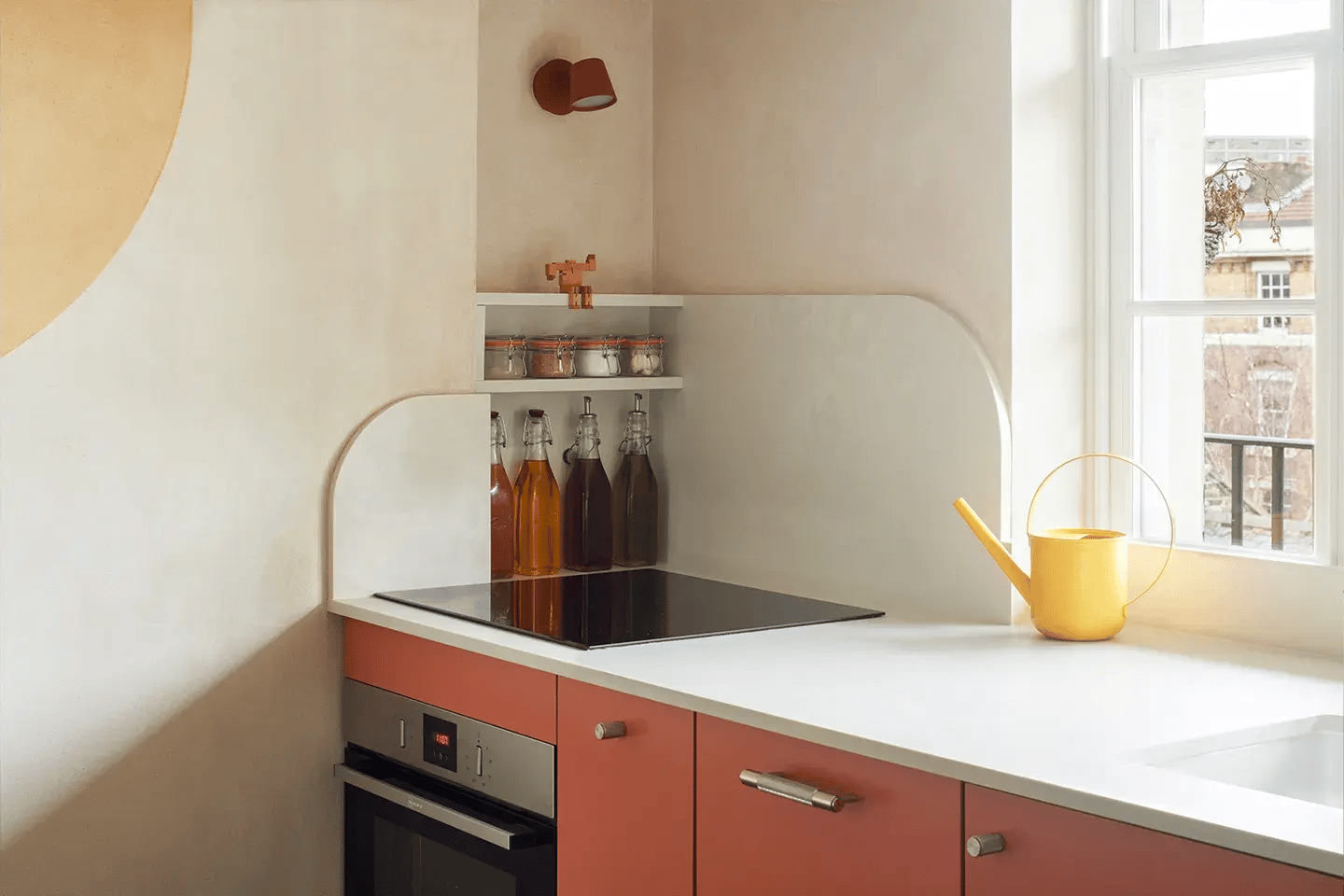 Close-up of Caesarstone Cloudburst Concrete worktops in a small kitchen