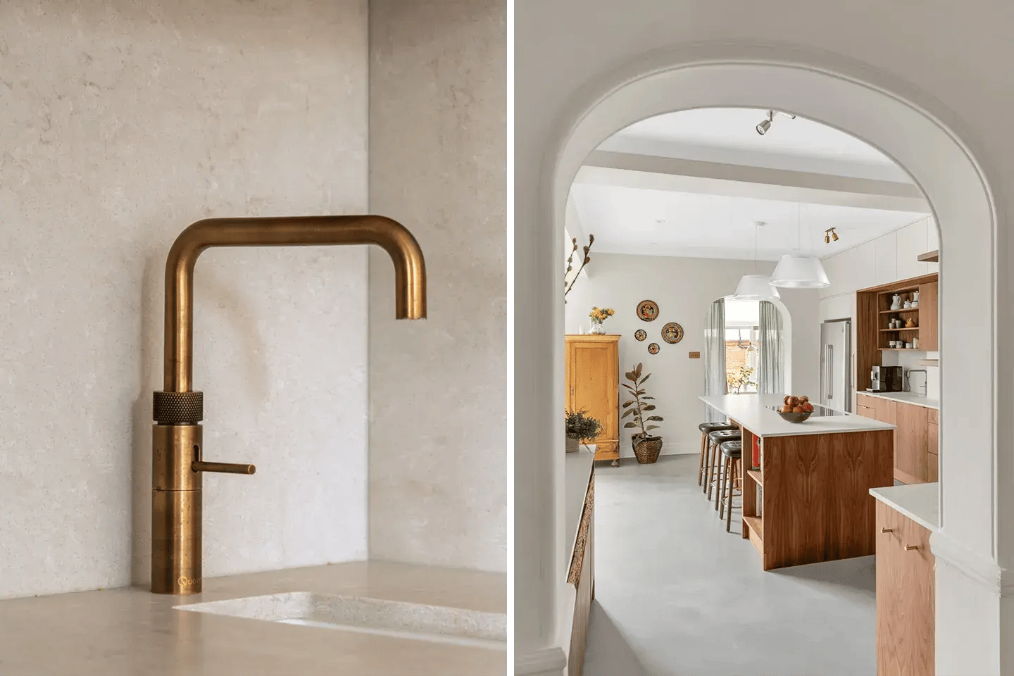 Close-up of a Caesarstone Bianco Drift worktop and splashback with Quooker tap