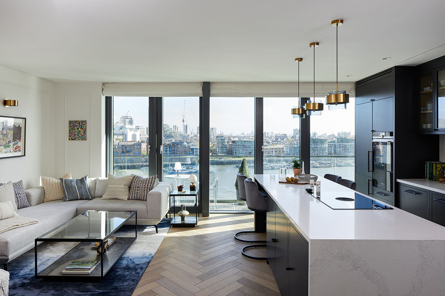 Open plan urban kitchen with Caesarstone Calacatta Nuvo kitchen island