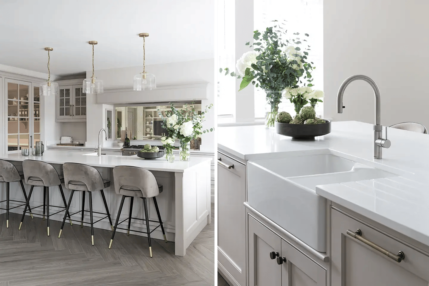 Close-up of Caesarstone Frosty Carrina worktops in a timeless kitchen