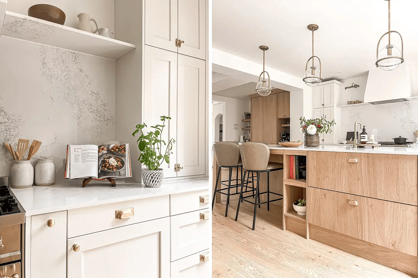 Close-up of Caesarstone Empira White kitchen worktops and splashback