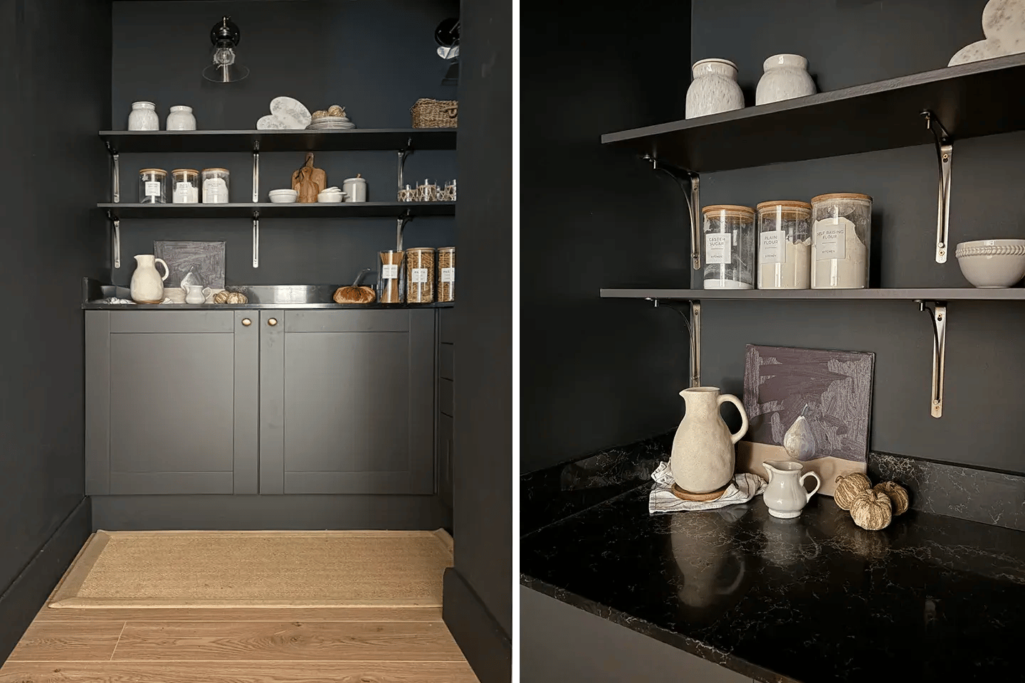 Caesarstone 5100 Vanilla Noir kitchen surfaces in a walk-in pantry