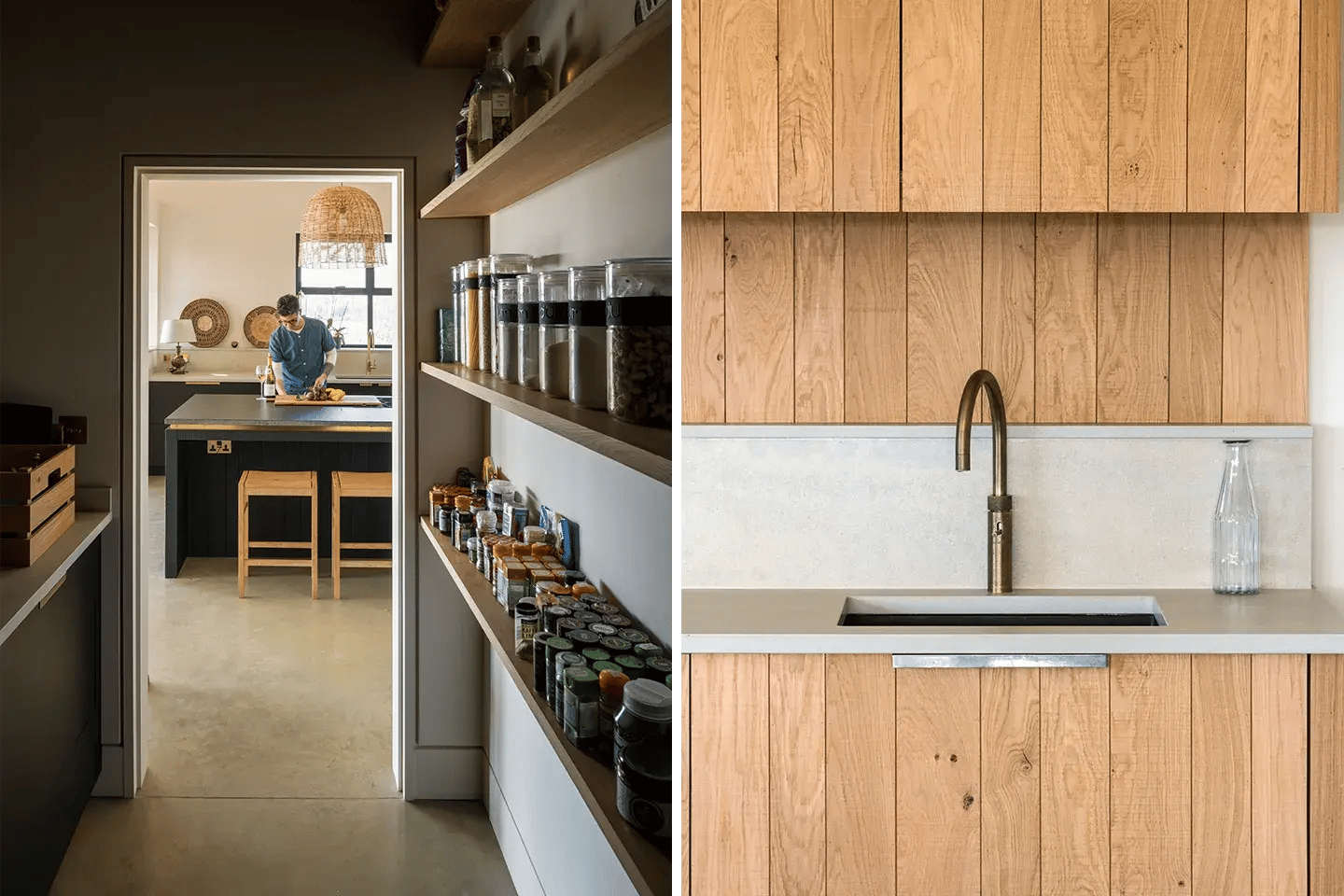 Close-up of Caesarstone Primordia kitchen worktops in a kitchen and pantry
