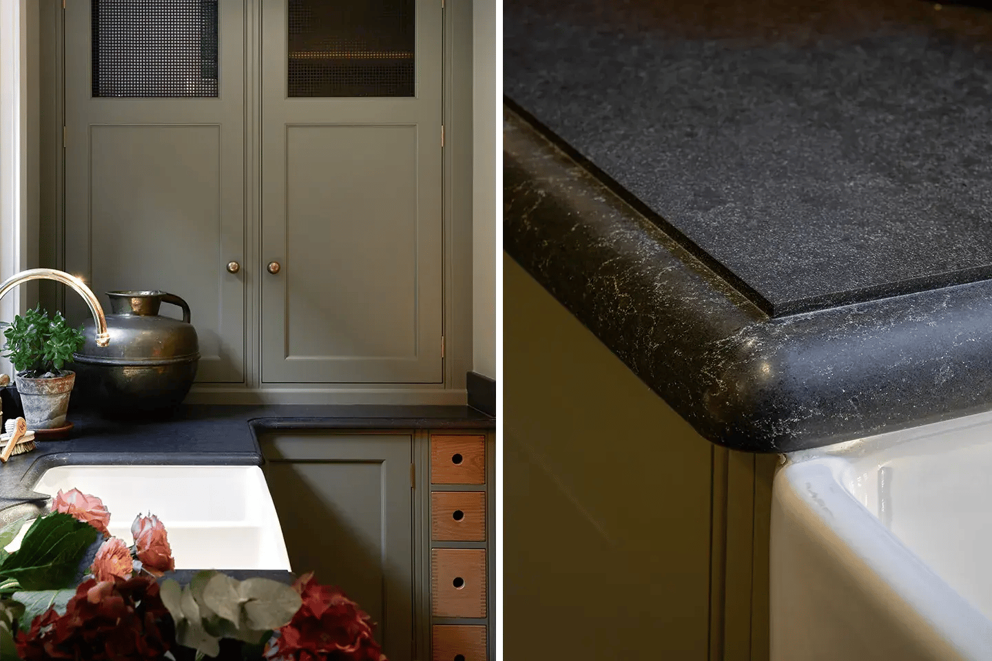 Close-up of Caesarstone Black Tempal kitchen worktops in a showroom