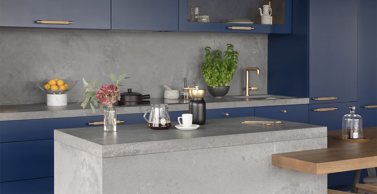 concrete worktops in blue kitchen design
