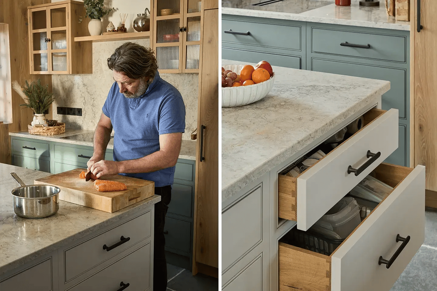Chef Shaun Ranking with his Caesarstone Moorland Fog kitchen worktops