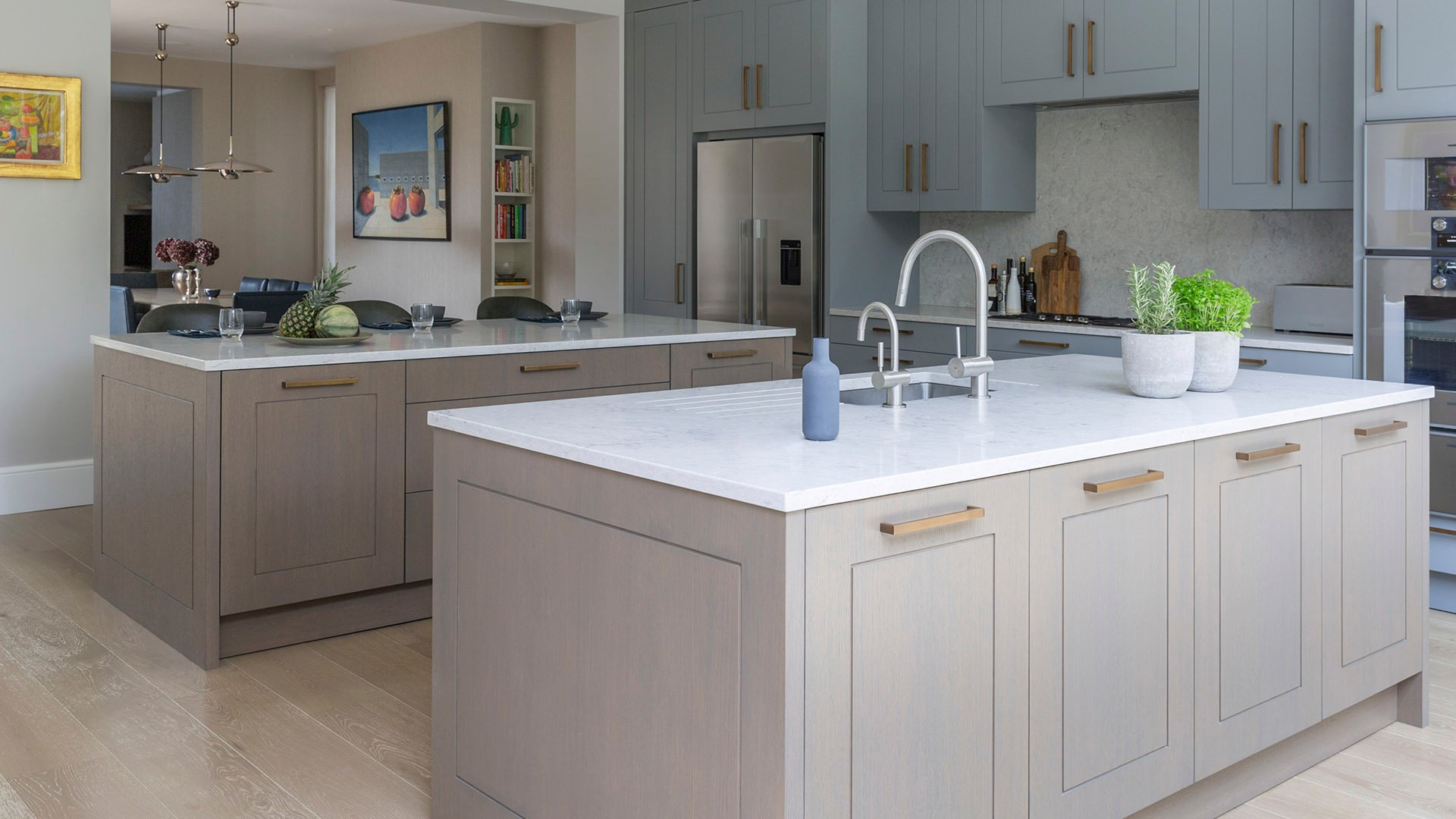 Dual Caesarstone Bianco Drift kitchen islands