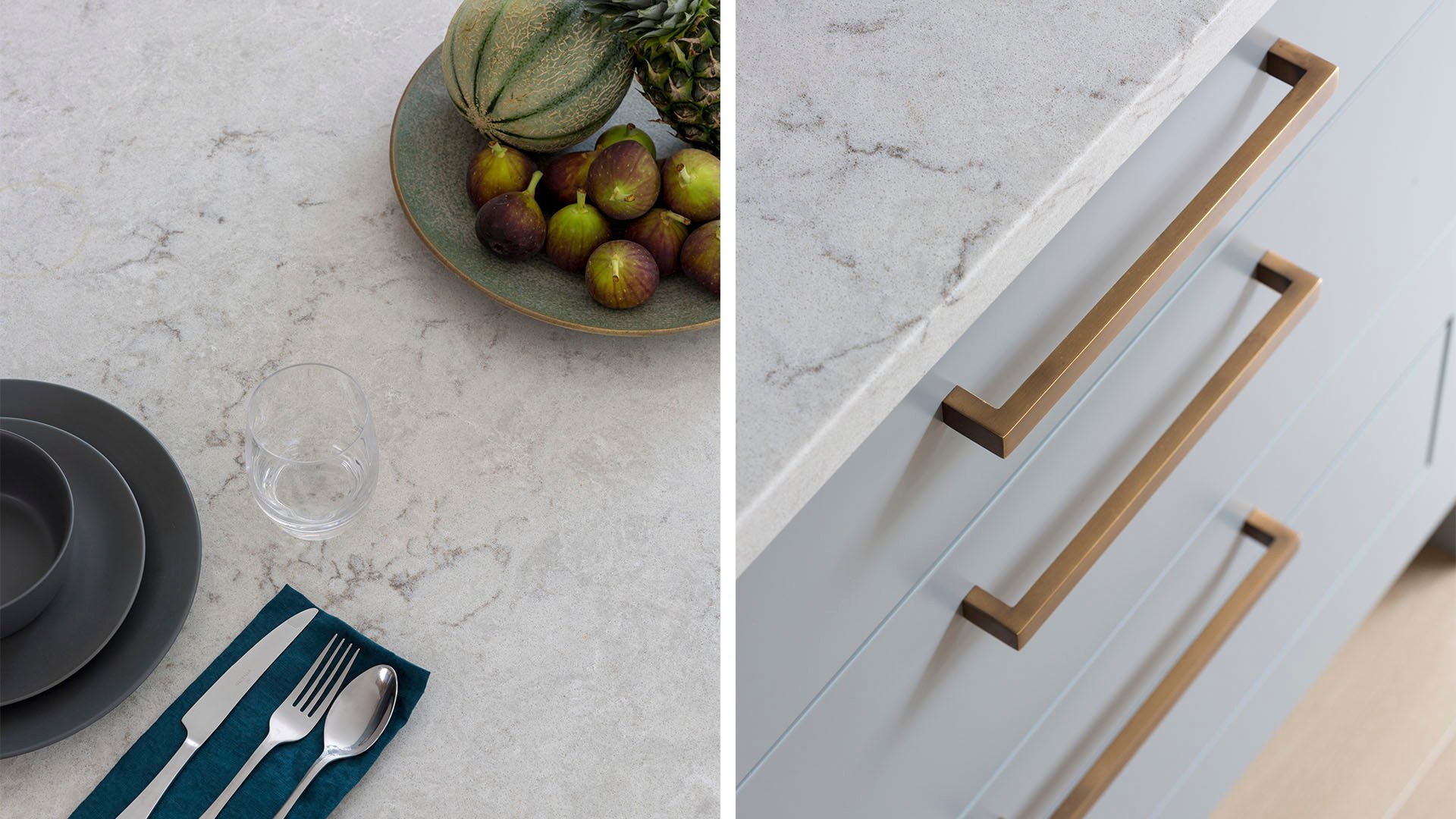 Close-up of Caesarstone Bianco Drift worktop and kitchen island