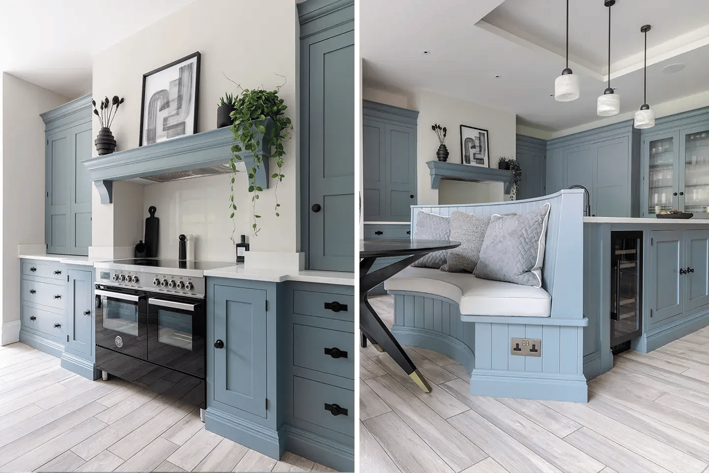 Caesarstone Organic White kitchen island and worktop surface in a traditional blue kitchen
