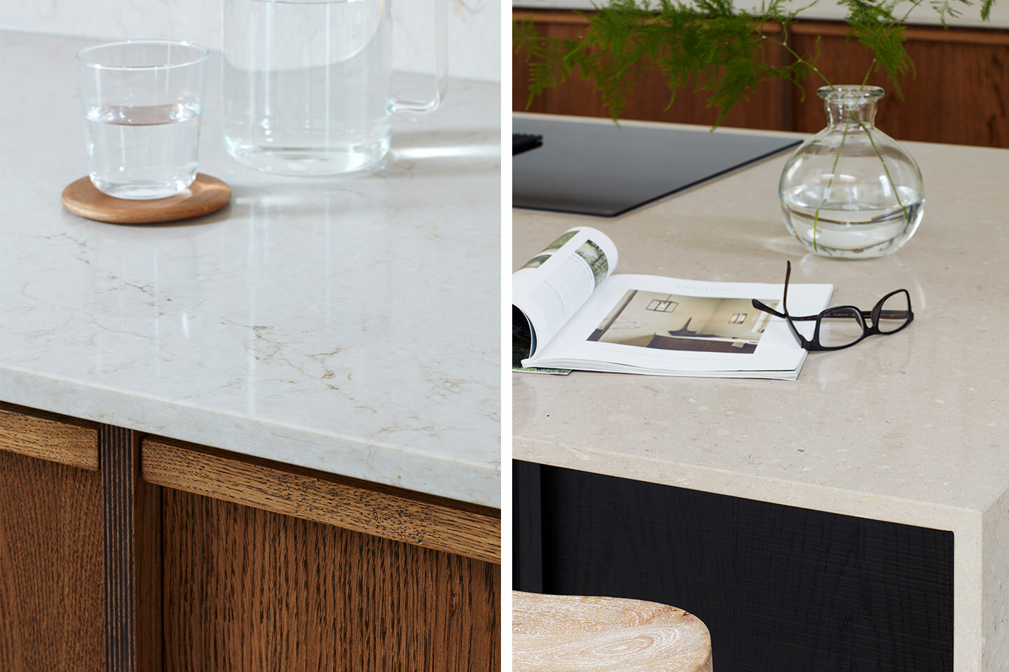 Close-ups of Caesarstone Taj Royale and Shitake worktops