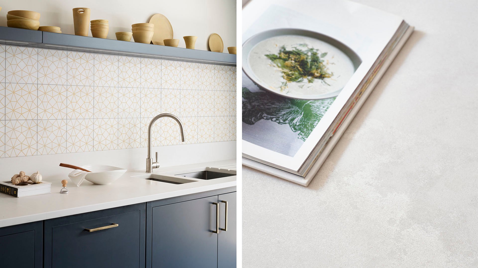 Caesarstone Cloudburst Concrete worktops in navy kitchen