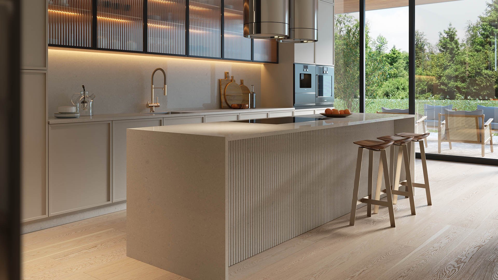 Caesarstone 4030 Pebble worktops in kitchen with bi-fold doors