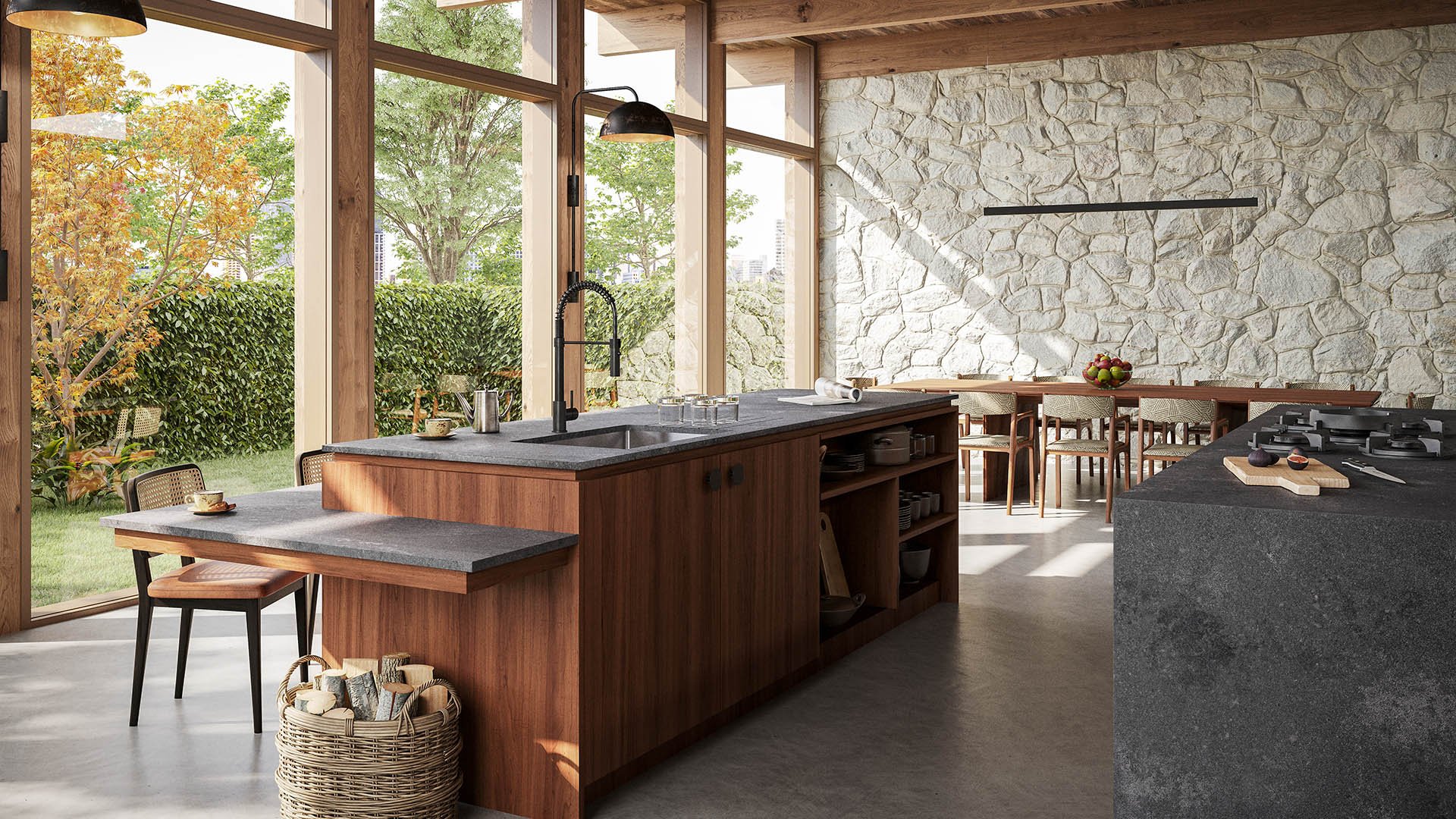 Caesarstone 4033 Rugged Concrete worktops in a rustic kitchen